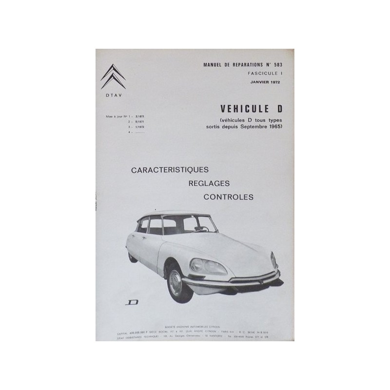 Citroën DS et ID tous types, manuel de réparation caractéristiques, réglages, contrôles