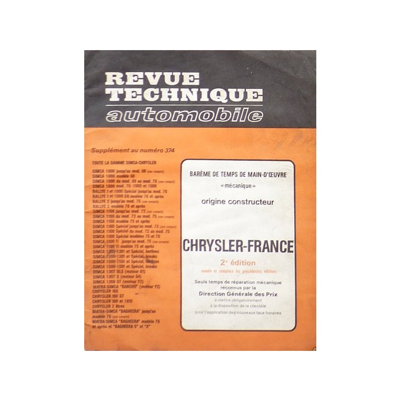 Temps de réparation Chrysler France années 60 et 70 (2ème édition)