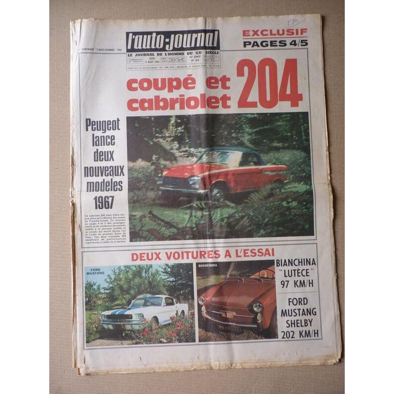 Auto-Journal n°408, Ford Mustang GT350, Autobianchi Lutèce, Peugeot 204 Bossaert, Renault 8 10 Major, Gaston Fleischel