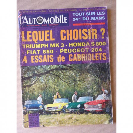 L'Automobile n°254, Fiat 850 cabriolet, Honda S800, Peugeot 204 cab., Triumph Spitfire MK3, Lancia Flavia, Triumph France