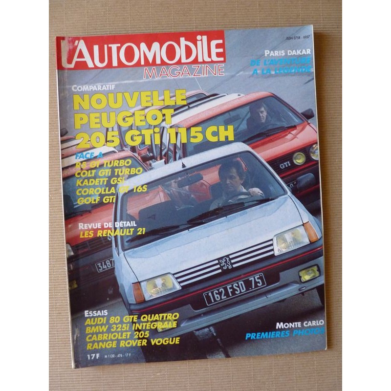 L'Automobile n°476, Peugeot 205 CTi, Ford Sierra RS, Range Rover Vogue, Toyota Corolla GT, Audi 80 GTE, BMW 325i 4x4