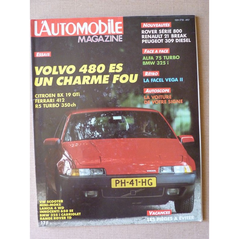 L'Automobile n°481, Citroën BX 19 Gti, Volvo 480 ES, Ferrari 412, Range Rover TD, Alfa Romeo 75 Turbo, BMW 325i E30