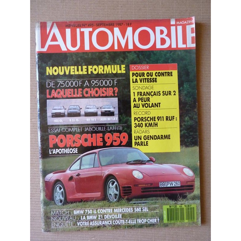 L'Automobile n°495, Porsche 959, BMW 750iL, Mercedes 560 SEL, Peugeot 405 GL, Citroën BX 16S, Renault 21 TS, Audi 80 1.8S