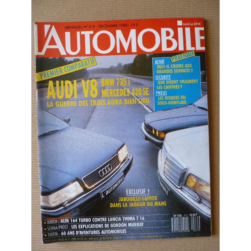 L'Automobile n°510, Renault 25 GTX, Lancia Thema Turbo, Alfa Romeo 164 Turbo, Audi V8, Mercedes 420 SE, BMW 735i