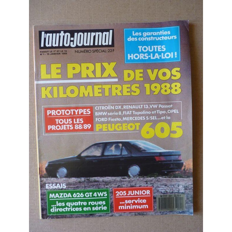 Auto-Journal n°01-88, Peugeot 205 Junior, Mazda 626 GT 4WS, Porsche 944 Turbo Cup