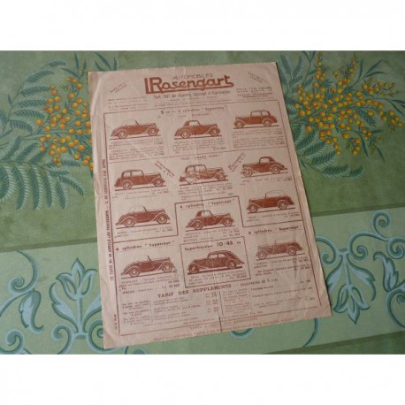 Rosengart, tarifs 1937, Supercinq Supersept, catalogue brochure dépliant