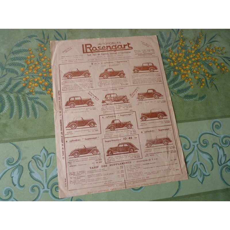 Rosengart, tarifs 1937, Supercinq Supersept, catalogue brochure dépliant