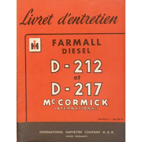 Manual De Taller Original McCormick Farmall DLD-2, D-212, D-217, D-214 - ¡en Alemán Y Encuadernado!