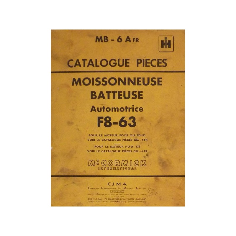 McCormick IH moissonneuse F8-63, catalogue de pièces