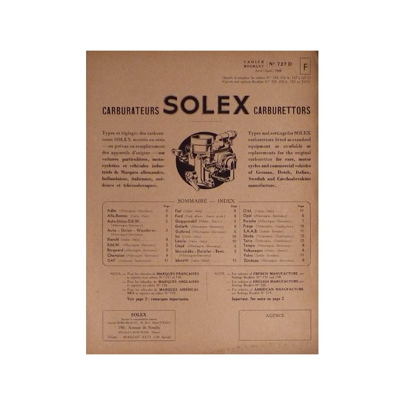 Solex, réglage des carburateurs véhicules Europe de 1935-59