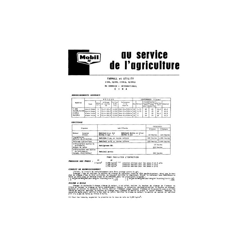 Fiche graissage Mobil McCormick F235, FU235, F235D, FU235D Fiche graissage Mobil McCormick F235, FU235, F235D, FU235D