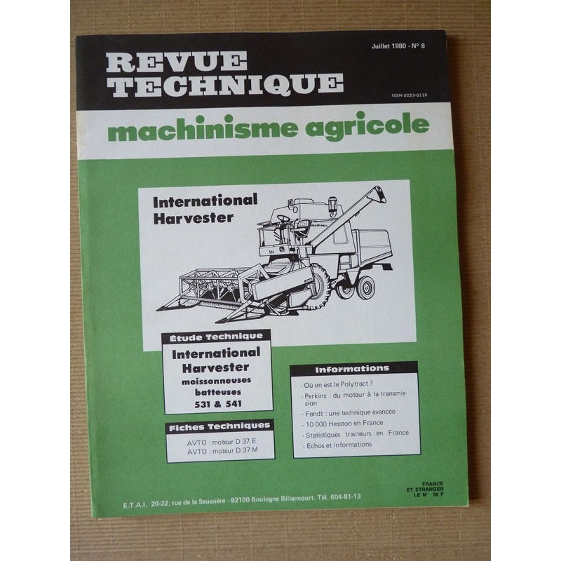 RTMA moissonneuse IH 531, 541. D310, D358
