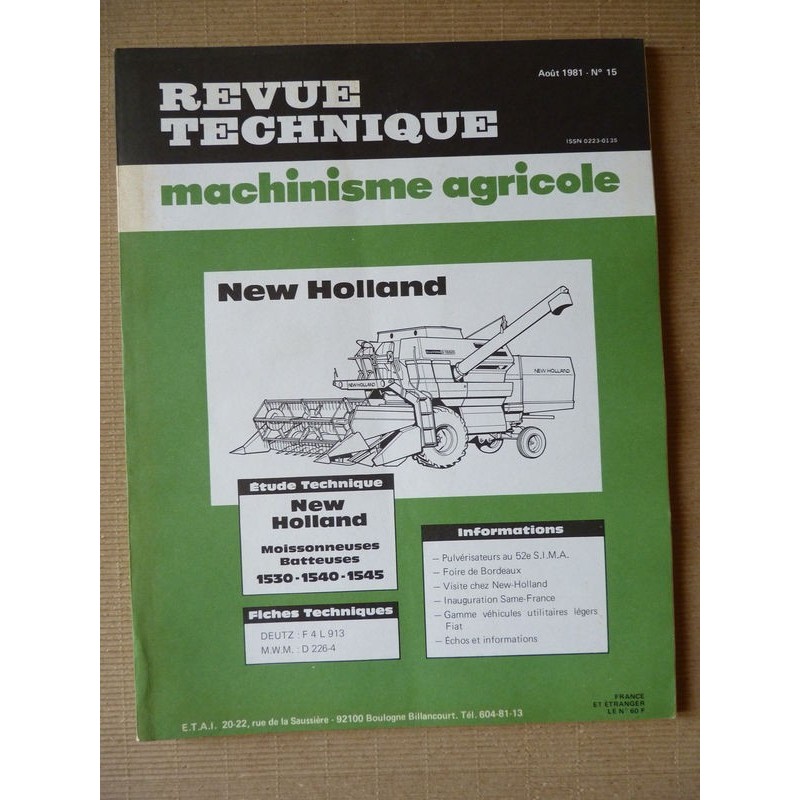 RTMA New Holland 1530, 1540, 1545 moissonneuses. Ford 2713E, 2715E