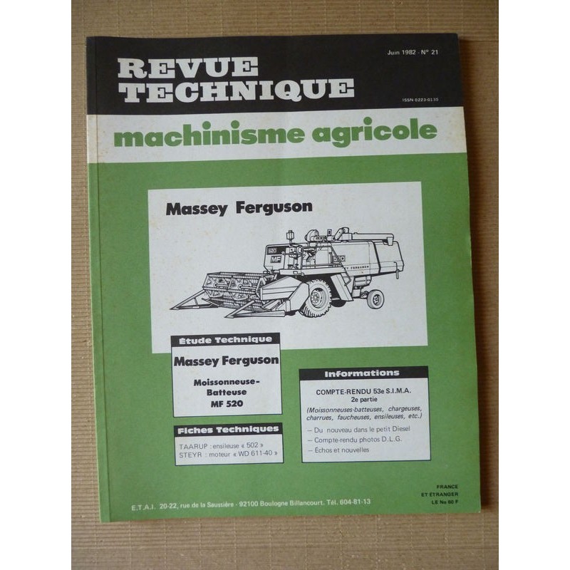 RTMA Massey Ferguson MF520 moissonneuse. Perkins A6.354