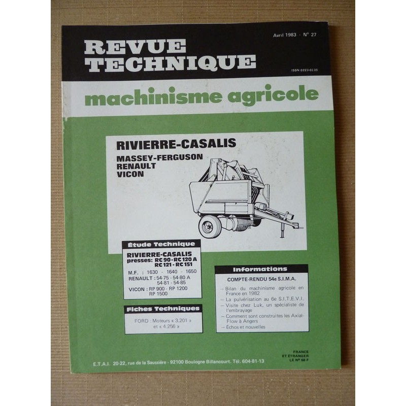 RTMA MF 1630 1640 1650. Renault 54-75 à 54-85. Vicon RP900 à 1500. Rivierre RC90 à RC151