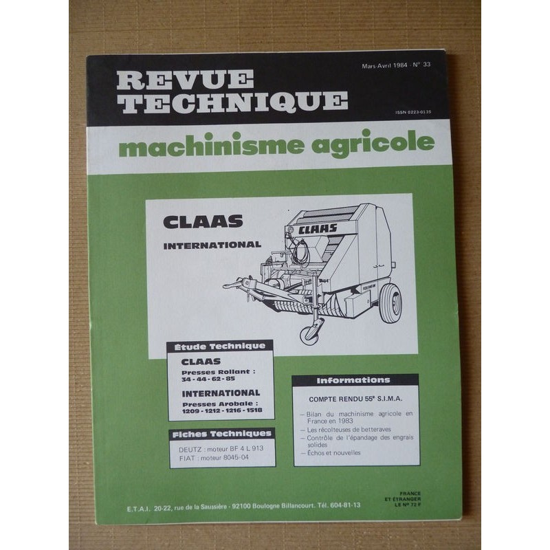 RTMA Claas Rollant 34, 44, 62, 85. International Arobale 1209, 1212, 1216, 1518