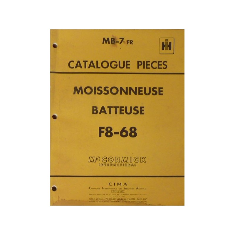 McCormick IH moissonneuse F8-68, catalogue de pièces