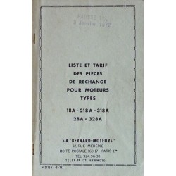 Bernard-Moteurs 18A, 218A, 318A, 28A et 328A, liste des pièces de rechange