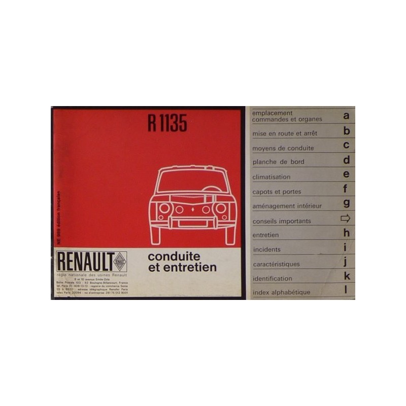 Renault 8 Gordini R1135, notice d'entretien