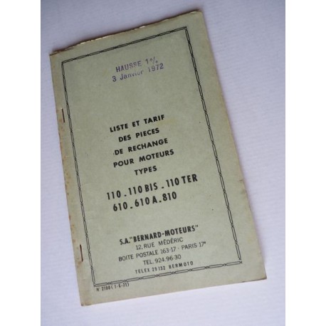 Bernard-Moteurs 110, Bis, Ter, 610, A, 810, liste des pièces, original