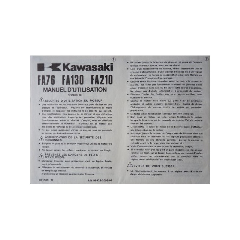 Kawasaki FA76, FA130, FA210, notice d'entretien (eBook)