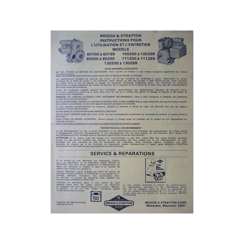 Briggs & Stratton séries 60100, 100200, 80200, 111200, 130200, notice d'entretien (eBook)