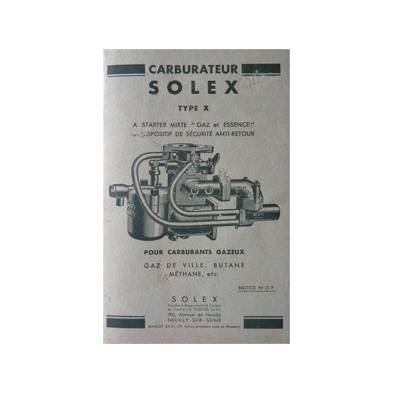 Solex à gaz type X, notice d'entretien (eBook)